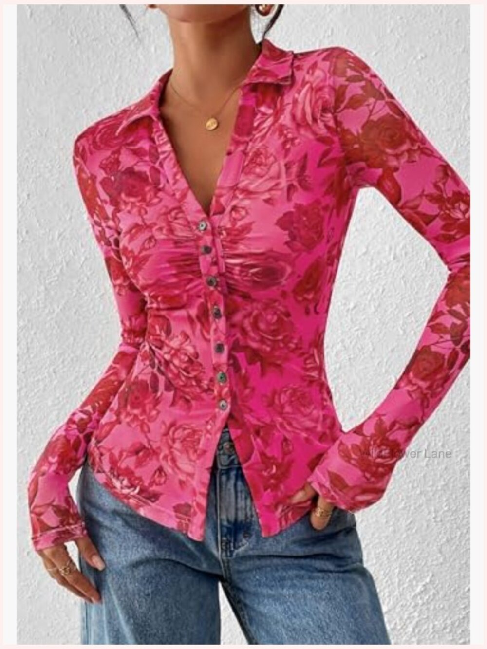 Women's Button Down Floral Mesh Blouse V Neck Long Sleeve Boho Top - Picture 2 of 7